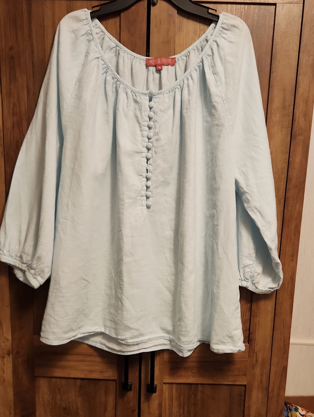 Rose & Thyme Light Blue Plus Size Peasant Linen-Blend Full Sleeve Blouse